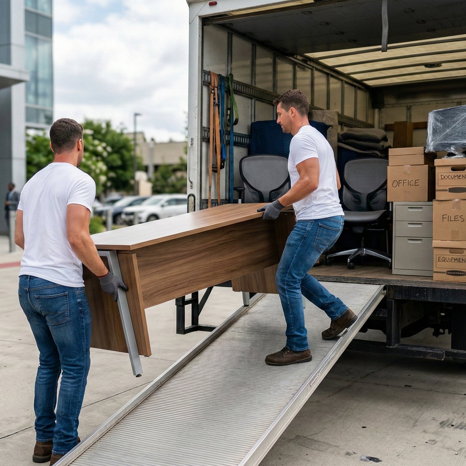 Commercial relocation movers loading office furniture into moving truck
